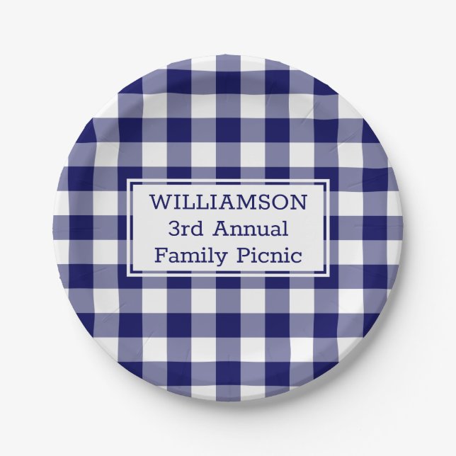 Blue White Buffalo Check Your Name Family Picnic Paper Plate (Front)