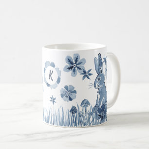 Blue & White Bunny Flowers Monogram Easter Rabbit Coffee Mug