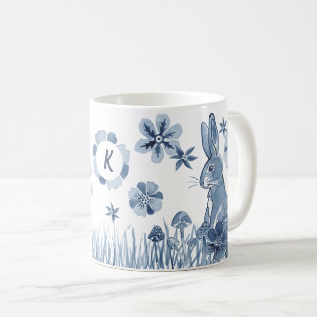 Blue & White Bunny Flowers Monogram Easter Rabbit Coffee Mug (Front Right)