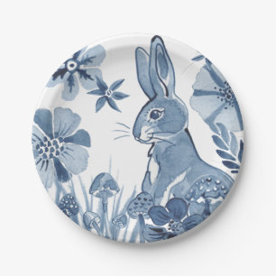 Blue & White Bunny Flowers Mushrooms Easter Rabbit Paper Plate