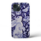 Blue White Bunny Rabbit Birds Floral Chinoiserie