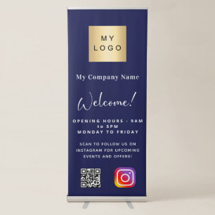 Blue white business logo opening hours QR Insta Retractable Banner