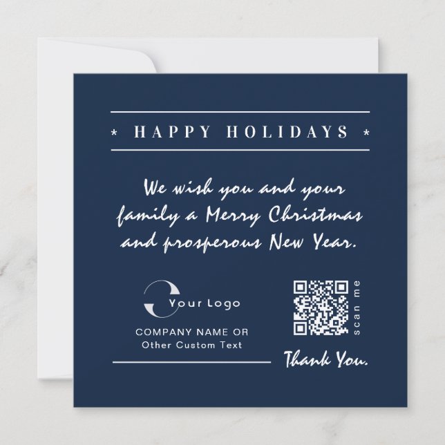 Blue White Business Logo QR code Christmas Simple Holiday Card (Front)