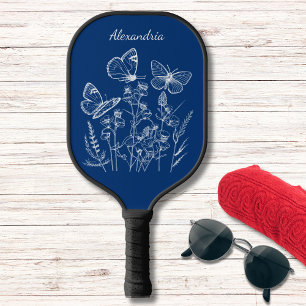 Blue & White Butterflies in Wildflowers Monogram  Pickleball Paddle