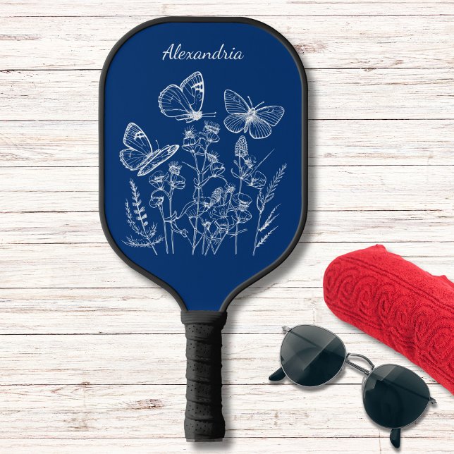 Blue & White Butterflies in Wildflowers Monogram  Pickleball Paddle (Available in additional colors. )
