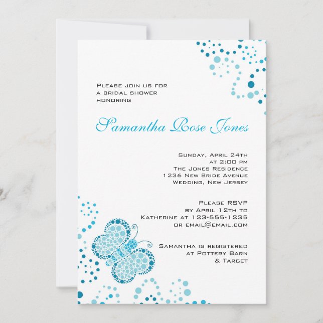 Blue & White Butterfly Pointillism Bridal Shower Invitation (Front)