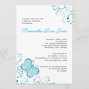 Blue & White Butterfly Pointillism Bridal Shower Invitation