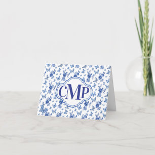 Blue White Butterfly Rose Classic Monogram Note  Holiday Card