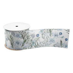 Blue White Butterfly Watercolor Floral Pattern Satin Ribbon