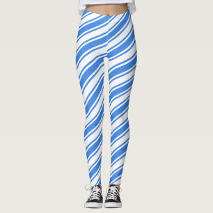 Blue White Candy Cane Diagonal Stripe Christmas Leggings