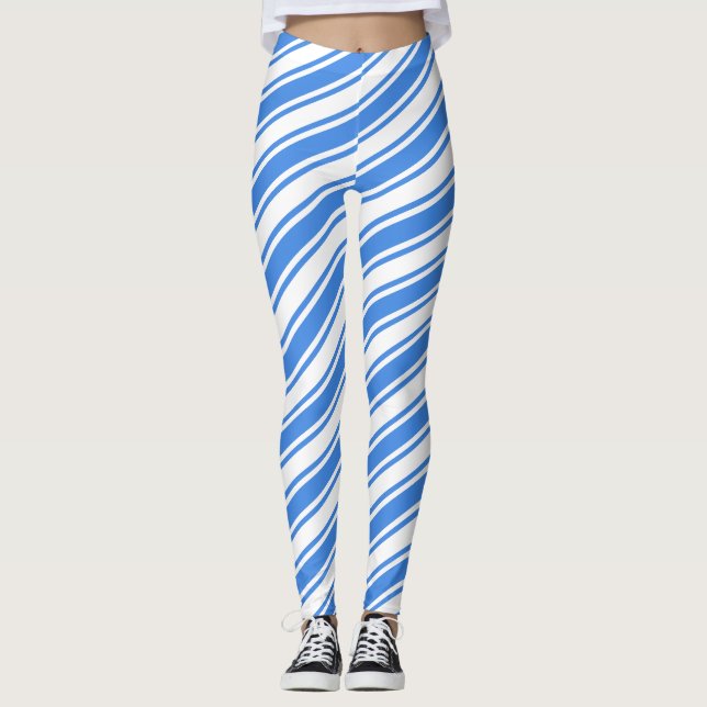 Blue White Candy Cane Diagonal Stripe Christmas Leggings (Front)
