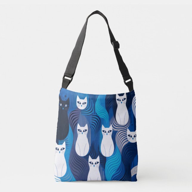 Blue White Cat pattern Crossbody Bag (Front)