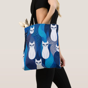 Blue white cat pattern tote bag