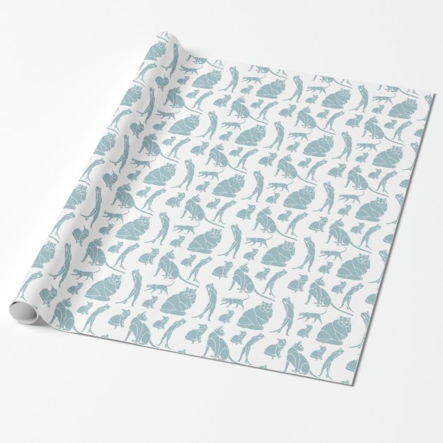 Blue White Cats Birthday Wrapping Paper (Unrolled)