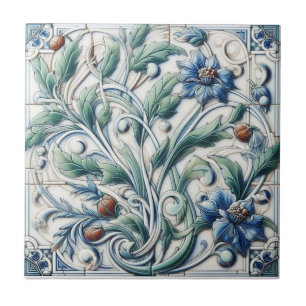 Blue & White Ceramic Tile w/ Rosebuds
