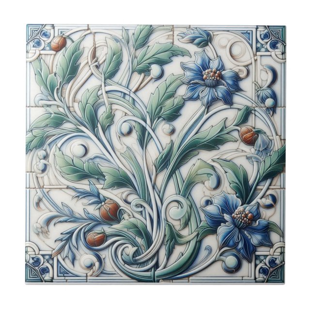 Blue & White Ceramic Tile w/ Rosebuds (Front)
