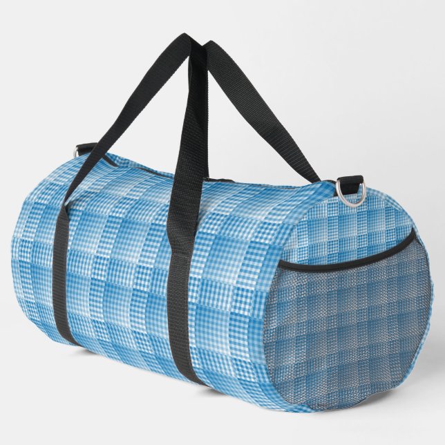 Blue White Checker Abstract Pattern Large Duffle Bag (Right Corner)