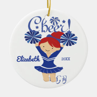 Blue & White Cheer Red Hair Cheerleader Ornament