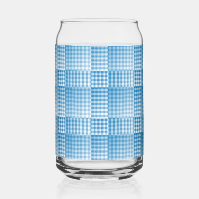 Blue White Chequered Abstract Pattern Can Glass (Front)