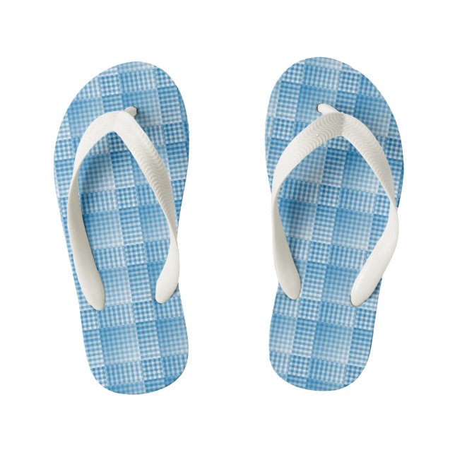 Blue White Chequered Abstract Pattern Kid's Flip Flops (Footbed)