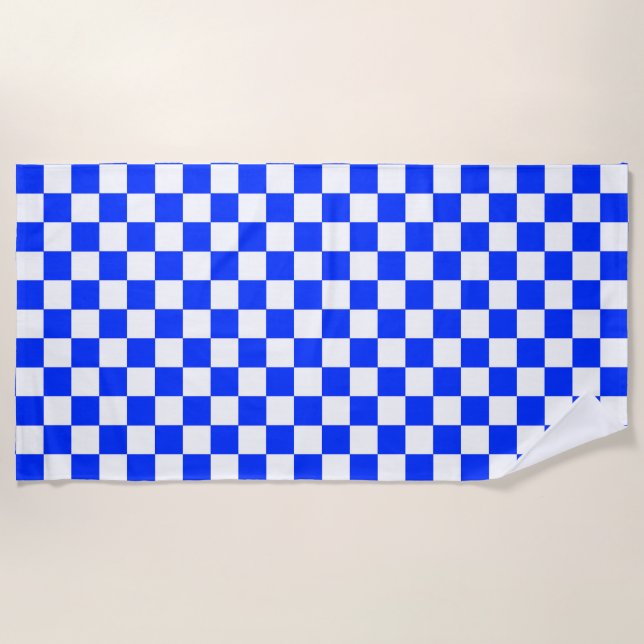 Blue White Chequered Check Pattern Beach Towel (Front)