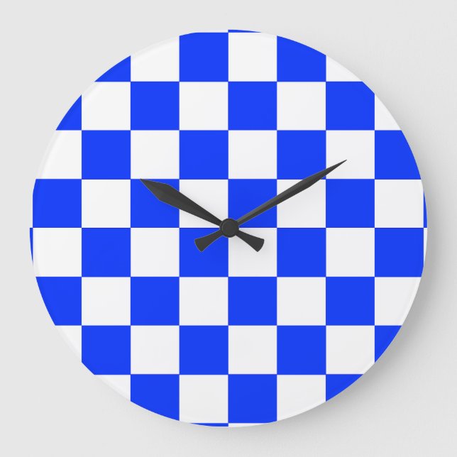 Blue White Chequered Check Pattern Large Clock (Front)