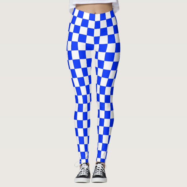 Blue White Chequered Check Pattern Leggings (Front)