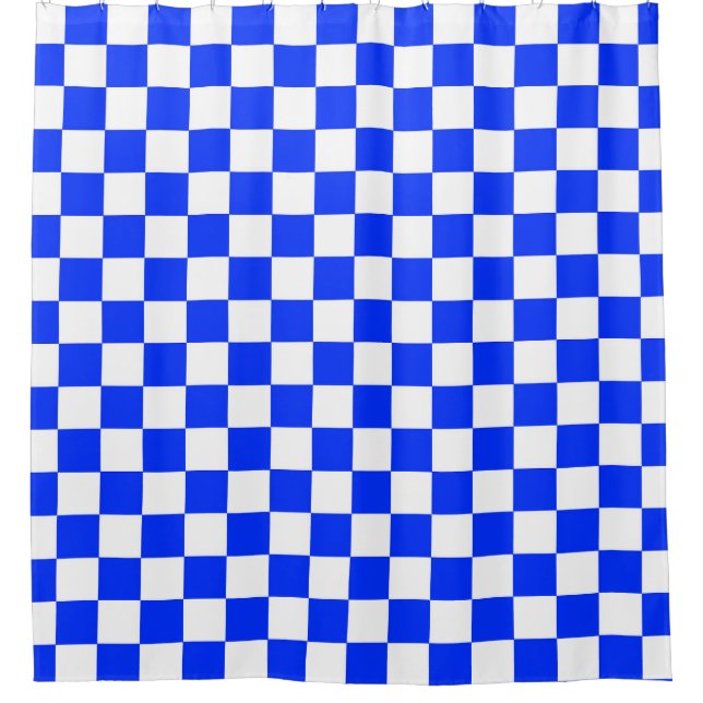 Blue White Chequered Check Pattern Shower Curtain (Front)