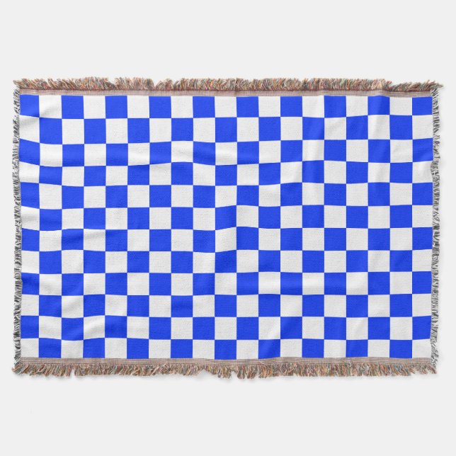 Blue White Chequered Check Pattern Throw Blanket (Front)