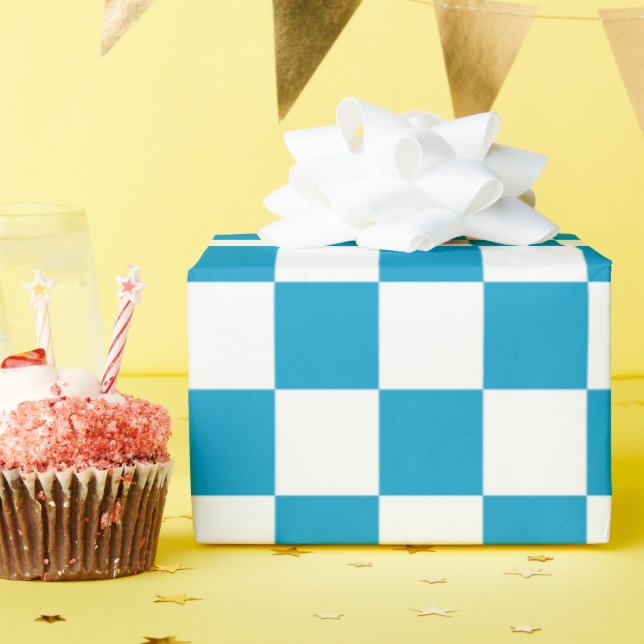 Blue White Chequered Chequerboard Pattern  Wrapping Paper (Birthday Party)