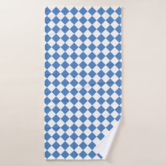 Blue White Chequered Diamond Pattern Bath Towel (Bath Towel)