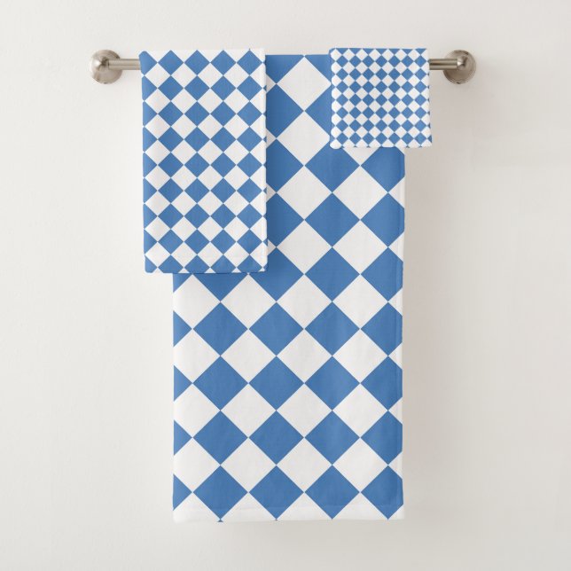 Blue White Chequered Diamond Pattern Bath Towel Set (Insitu)