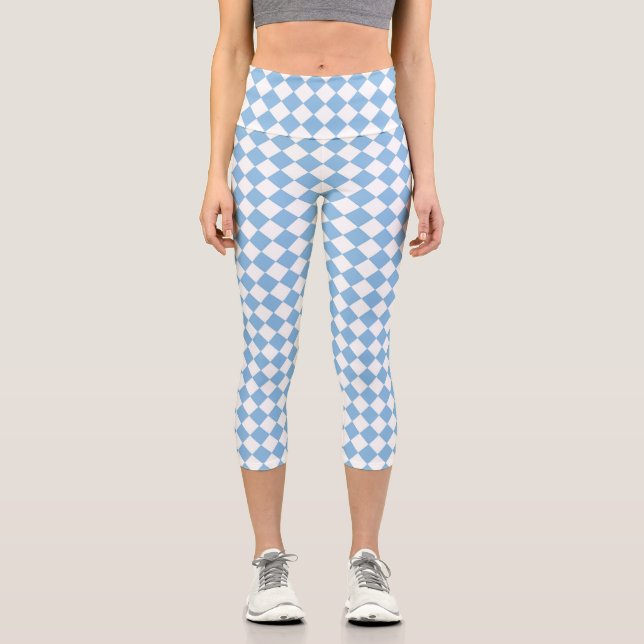 Blue White Chequered Diamond Pattern Capri Leggings (Front)