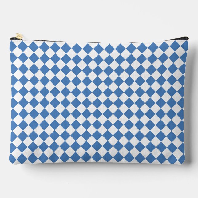 Blue White Chequered Diamond Pattern Large Accessory Pouch (Front)
