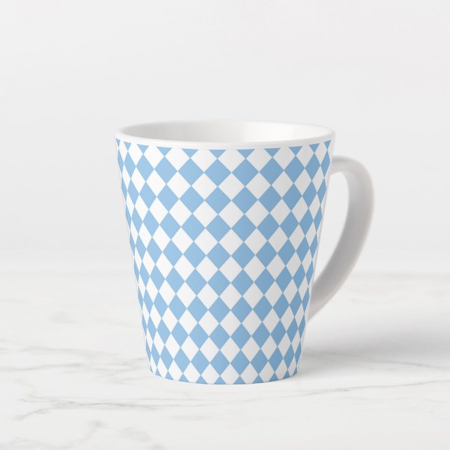 Blue White Chequered Diamond Pattern Latte Mug (Right Angle)