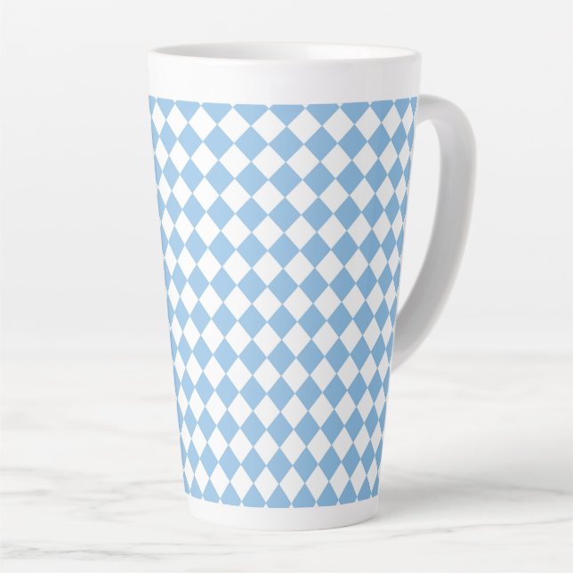 Blue White Chequered Diamond Pattern Latte Mug (Right Angle)