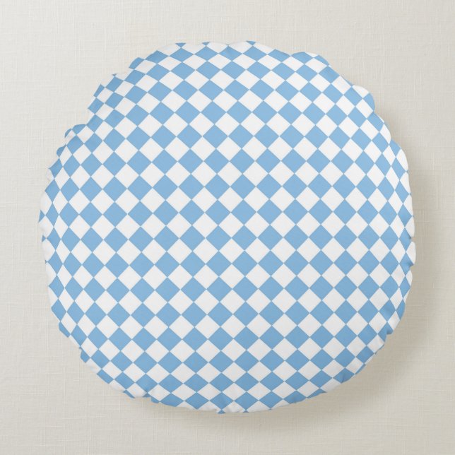 Blue White Chequered Diamond Pattern Round Cushion (Front)