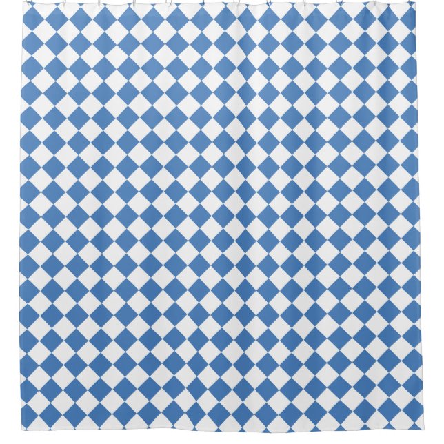 Blue White Chequered Diamond Pattern Shower Curtain (Front)