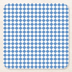 Blue White Chequered Diamond Pattern Square Paper Coaster