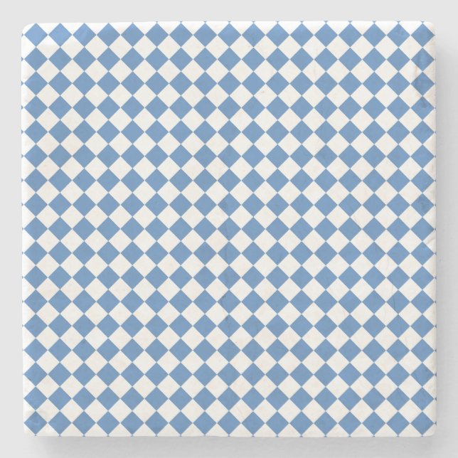 Blue White Chequered Diamond Pattern Stone Coaster (Front)