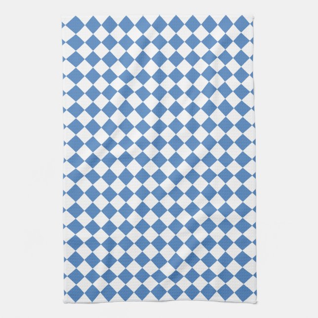Blue White Chequered Diamond Pattern Tea Towel (Vertical)