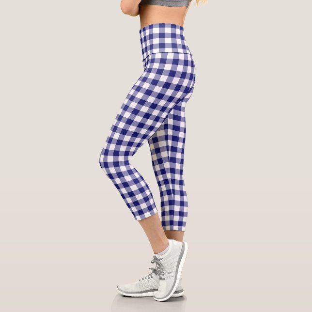 Blue White Chequered Gingham Plaid Pattern Capri Leggings (Left)