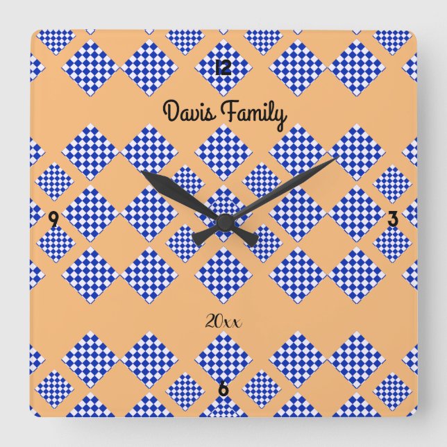 Blue White Chequered Light Beige Square Wall Clock (Front)