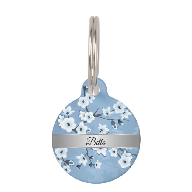 Blue White Cherry Blossom Silver Pet Tag (Front)