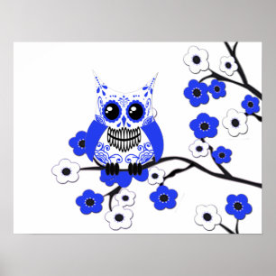 Blue White Cherry Blossoms Owl Poster