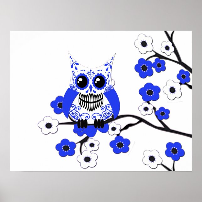 Blue White Cherry Blossoms Owl Poster (Front)