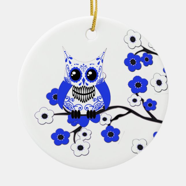 Blue White Cherry Blosssoms Owl Ornament (Front)