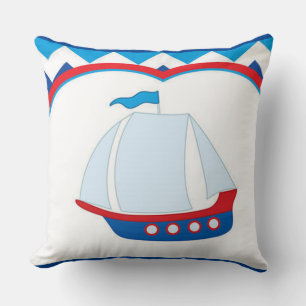 Blue White Chevron Background Blue Red Sail Ship Cushion