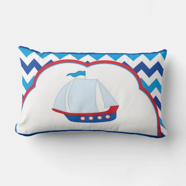 Blue White Chevron Background Blue Red Sail Ship Lumbar Cushion (Front)