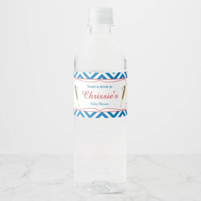 Blue & White Chevron Baseball Baby Water Bottle Label (Front)